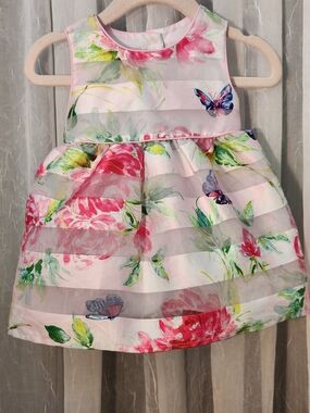 wonder nation Pink Floral Organza Stripe Party Dress, Size 3/6m, EPreLC